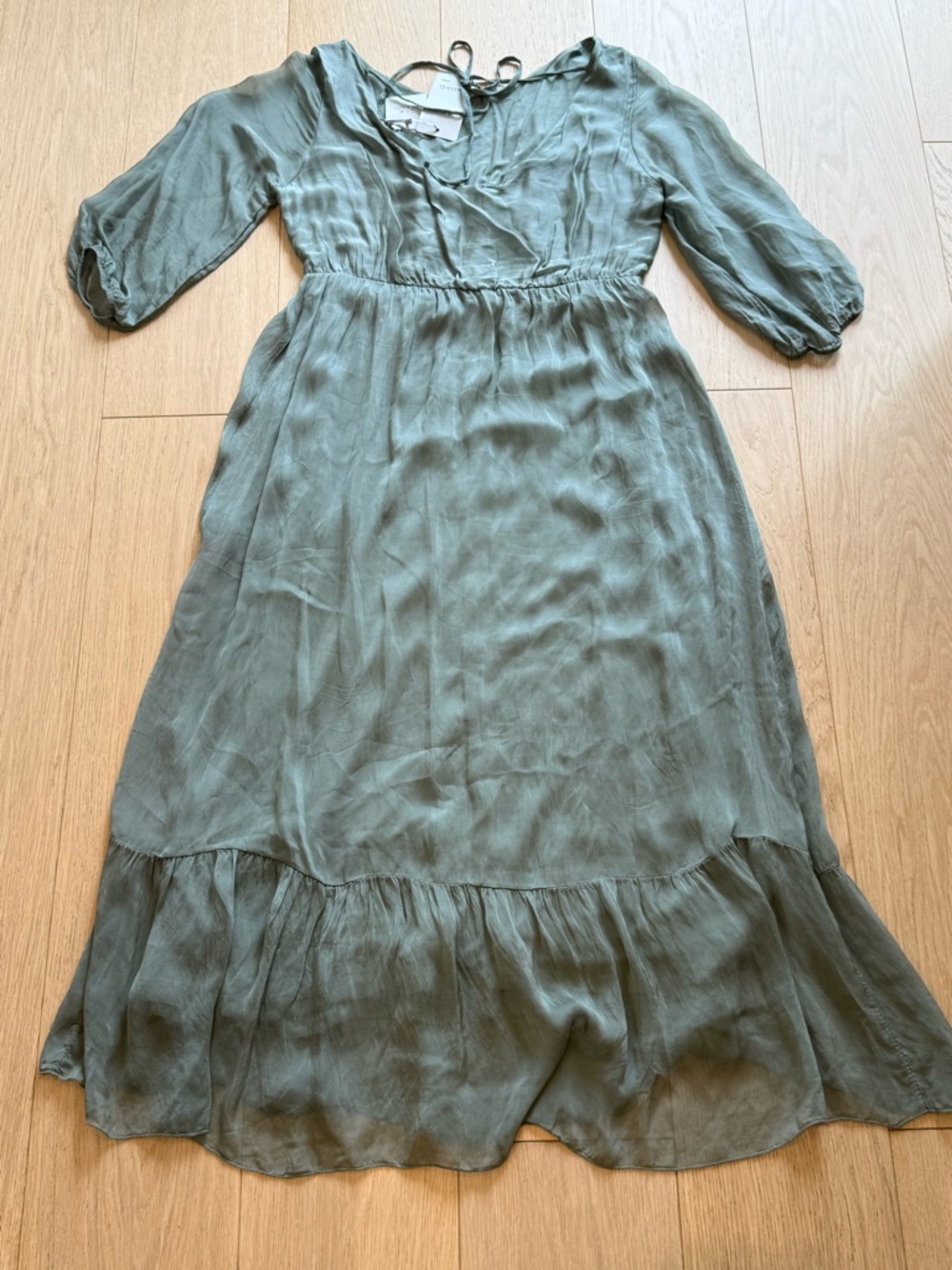 LARA G Italy Silk Blend Midi Dress Sage Green Tie Back Boho XL Made in Italy